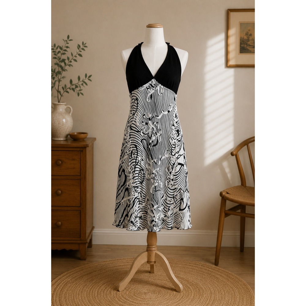 Y2K Halter Dress Black White Optical Print Medium 2000s Festival Mod Retro‎